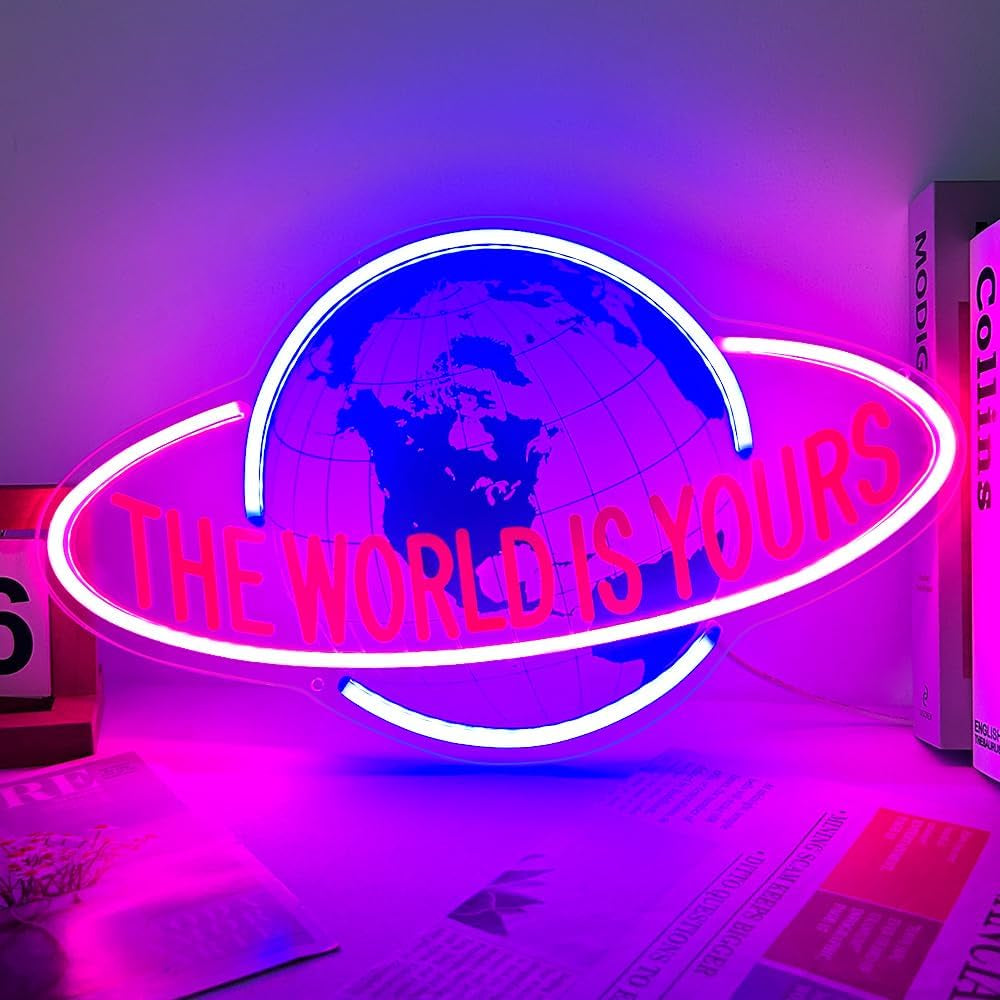 THE WORLD IS YOURS Neon Sign for Wall Decor, Cool Planet Design Pink