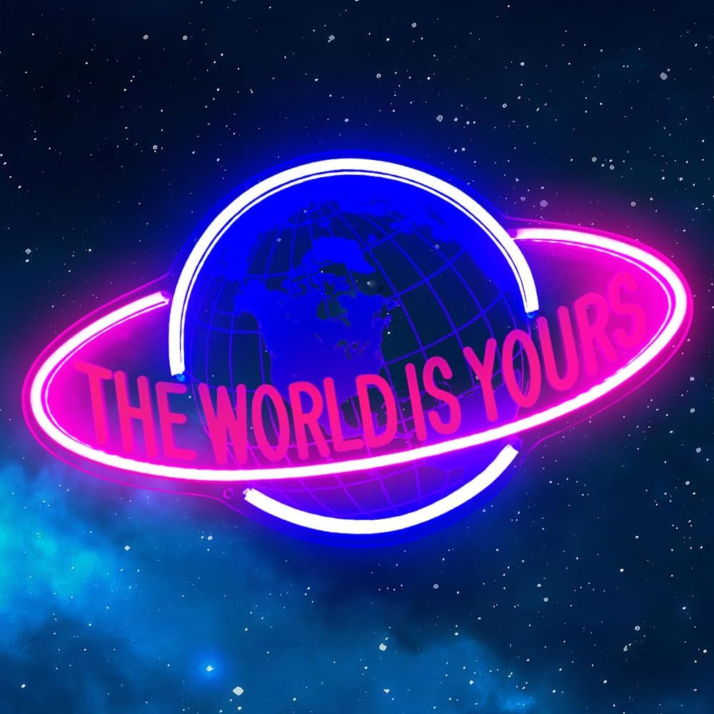 THE WORLD IS YOURS Neon Sign for Wall Decor, Cool Planet Design Pink